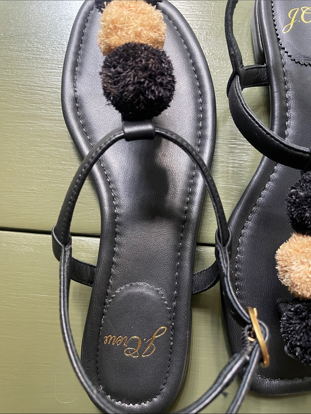 J. Crew Black Sandals with Tan and Black Pom-Poms